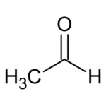 Molecuulstructuur van azijnzuur, met twee koolstofatomen, vier waterstofatomen en twee zuurstofatomen.
