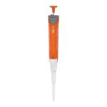 Precision pipette for laboratory chemical dispensing, orange and grey design.