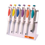 Multi-colour laboratory pipettes display for scientific research and laboratory equipment.