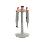 Precision laboratory micropipette stand with four adjustable pipettes for scientific research.