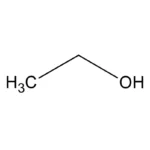 Molecuulstructuur van ethanol, bestaande uit twee koolstofatomen, zes waterstofatomen en één zuurstofatoom.
