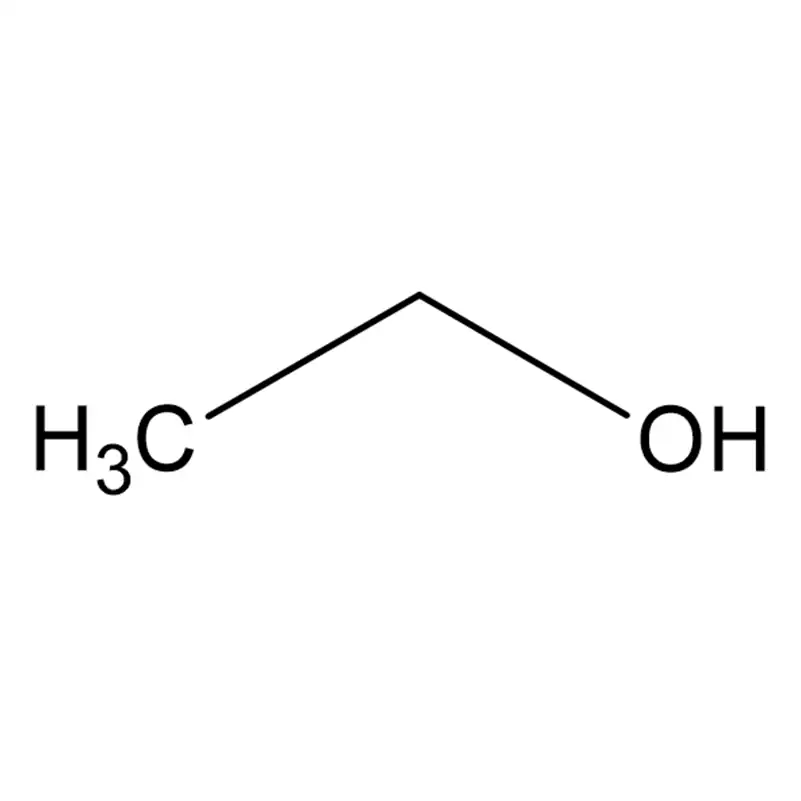 Molecuulstructuur van ethanol, bestaande uit twee koolstofatomen, zes waterstofatomen en één zuurstofatoom.