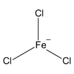 Structuurformule van ijzerchloride (FeCl₃), met een centraal ijzer (Fe)-atoom en drie chloor (Cl)-atomen.