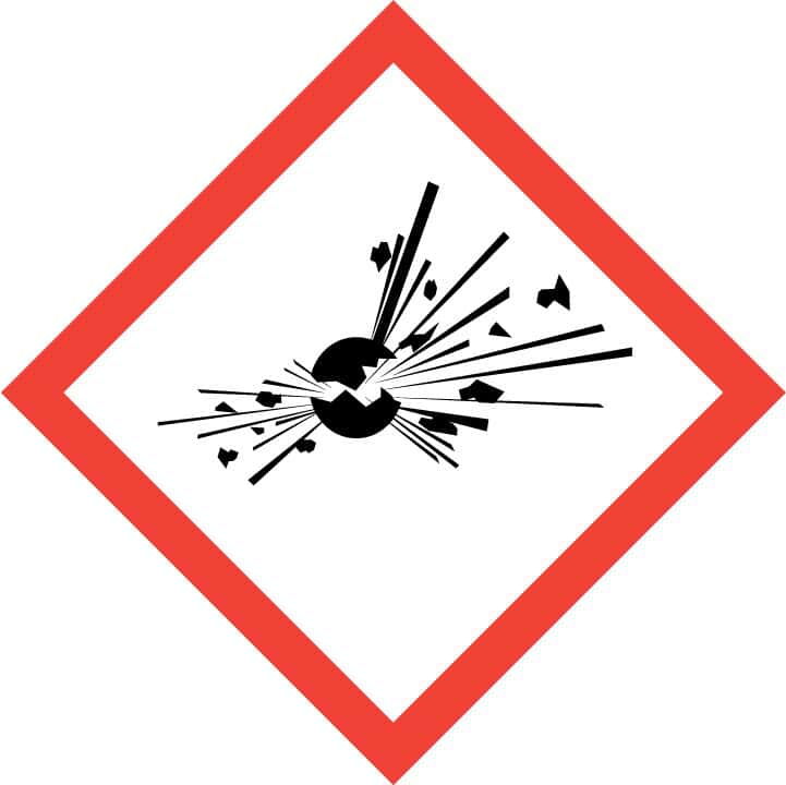 GHS01 pictogram explosief gevaar, zwart exploderend symbool in rood-wit ruit