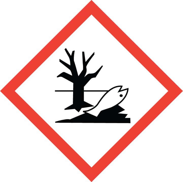 GHS09 pictogram milieugevaarlijk, dode boom en dode vis in rood-wit ruit
