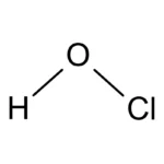 Molecuulformule van HCl (zoutzuur) met één waterstofatoom (H) en één chlooratoom (Cl) verbonden door een enkele covalente binding.