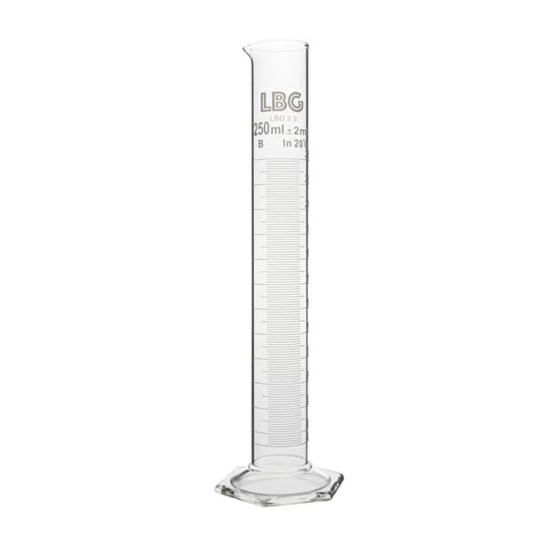 250ml clear graduated cylinder for precise laboratory measurements.