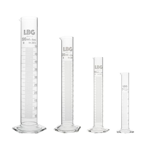 Graduated measuring cylinders for precise liquid measurement, essential laboratory equipment.