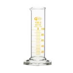 1. Graduated glass beaker with yellow measurement markings for precise laboratory use.