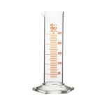 Clear glass graduated measuring cylinder for precise liquid measurement, lab equipment.