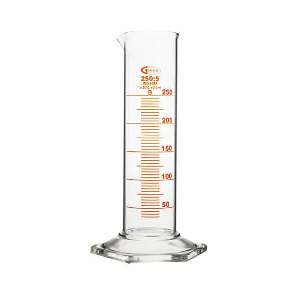 Clear glass graduated measuring cylinder for precise liquid measurement, lab equipment.