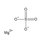 Molecuulstructuur van magnesiumsulfaat (MgSO₄), met een centraal magnesiumatoom (Mg) gebonden aan een zwavelatoom (S) en vier zuurstofatomen (O).