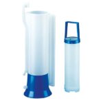 White and blue portable water pump with filtration system, ideal for chemical and fluid transfer applications.