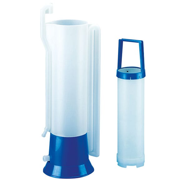 White and blue portable water pump with filtration system, ideal for chemical and fluid transfer applications.