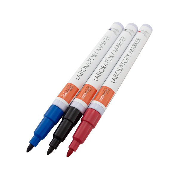 Blue, black, and red laboratory markers for writing and labelling; ideal for professional lab use.