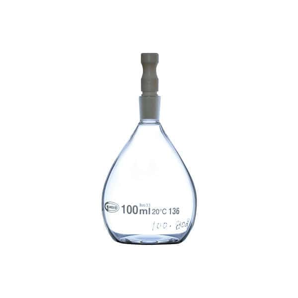 100ml glass laboratory flask with white stopper for chemical experiments and analysis.