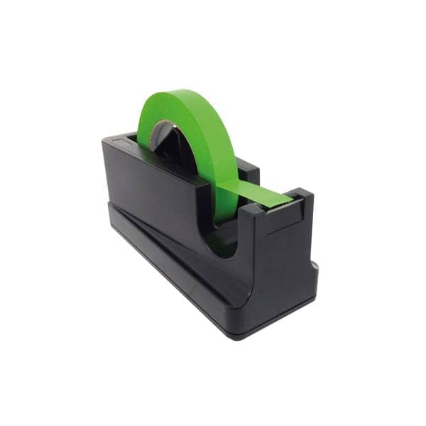 Bright green tape dispenser on white background, standard office supplies for organisation.