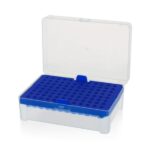1. Microcentrifuge tube rack for laboratory use, blue and clear plastic storage box.