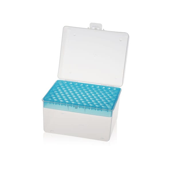 Clean plastic laboratory storage box with blue sample wells for chemical and biological testing.