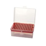 Small plastic test tube storage box with red insert and transparent lid for laboratory use.