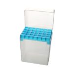 Blue plastic test tube rack with lid for laboratory sample storage.