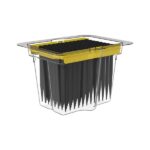 Black rubber stopper grid in a yellow container for chemical handling and safety.