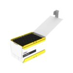 Disposable plastic test tubes with yellow rack, laboratory equipment for precise measurements.
