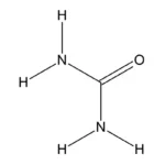 Molecuulstructuur van ureum, bestaande uit stikstof, koolstof, zuurstof en waterstofatomen.