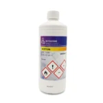 Een fles van 1 liter heldere vloeistof, geëtiketteerd als Aceton
