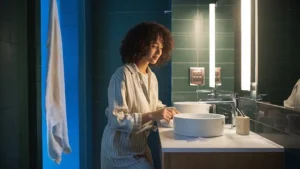 Vrouw die voor verstopte wastafel in de badkamer staat