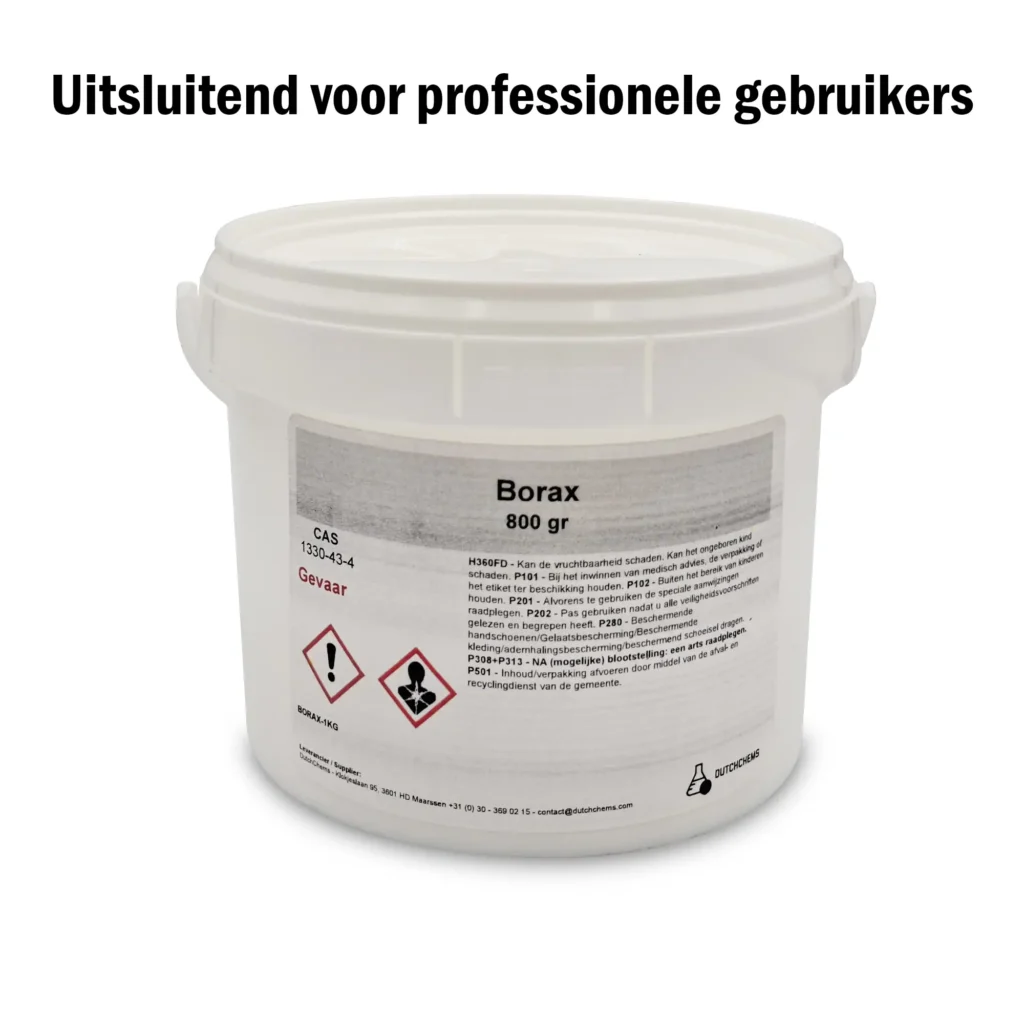 Emmer met 800 gram Borax, voorzien van waarschuwingsetiketten en veiligheidsinformatie.