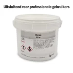 Emmer met 800 gram Borax, voorzien van waarschuwingsetiketten en veiligheidsinformatie.