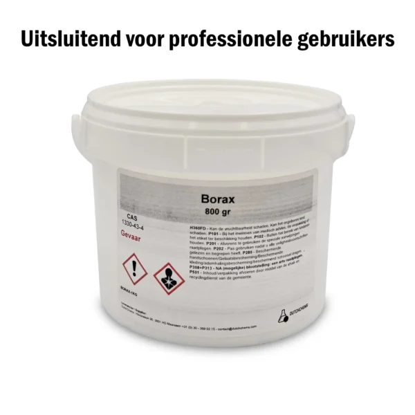Emmer met 800 gram Borax, voorzien van waarschuwingsetiketten en veiligheidsinformatie.
