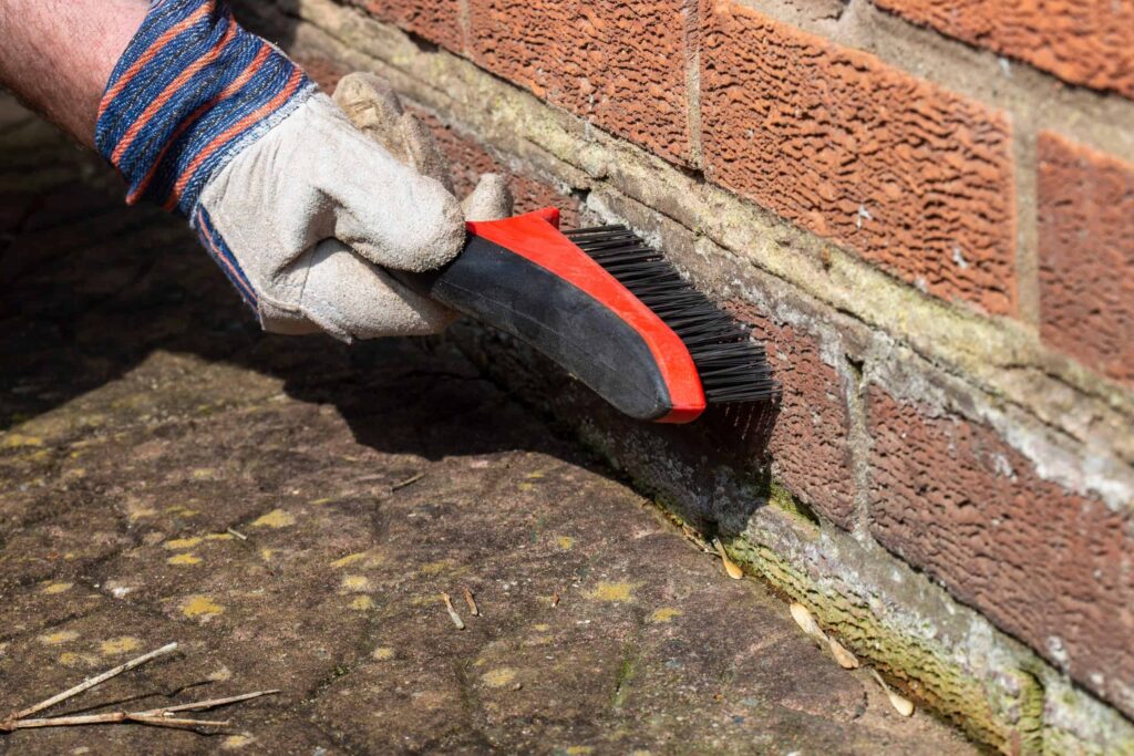 Close-up van een gloved hand die cementresten en vuil van tegels verwijdert.