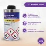 D-Limonene 500 ml van DutchChems, hoogzuiver citrusoplosmiddel voor reiniging en restauratie