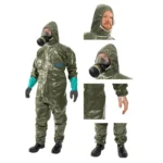 ProChem I CLF beschermpak, collage van detailfoto’s: capuchon, duimlussen, rits en met gasmasker.