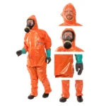 ProChem I CLF oranje beschermpak, collage van detailfoto’s: capuchon, duimlussen, rits en met gasmasker.