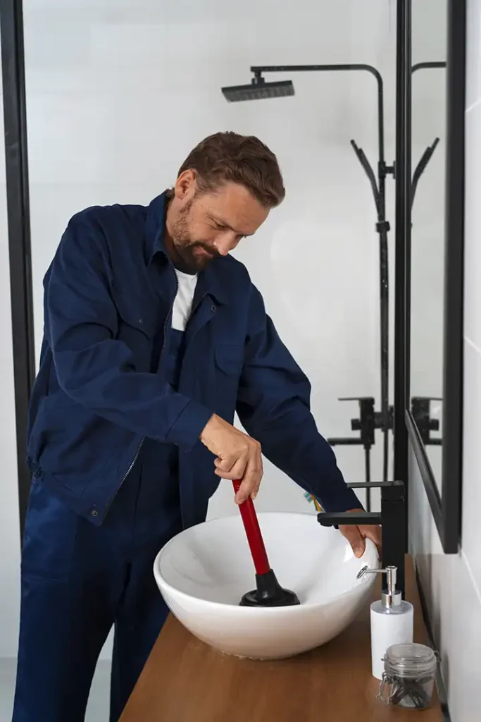 Loodgieter gebruikt een plopper om een verstopte wastafel te ontstoppen.