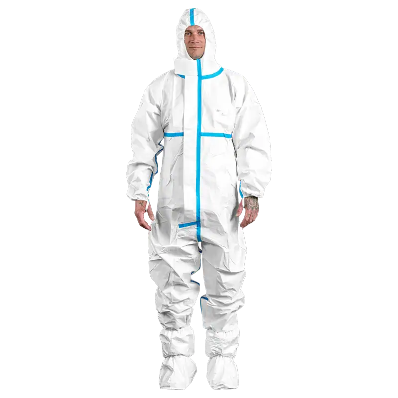 Man draagt een wit Protec Plus chemisch beschermpak met blauwe getapete naden, capuchon en elastische afwerking.