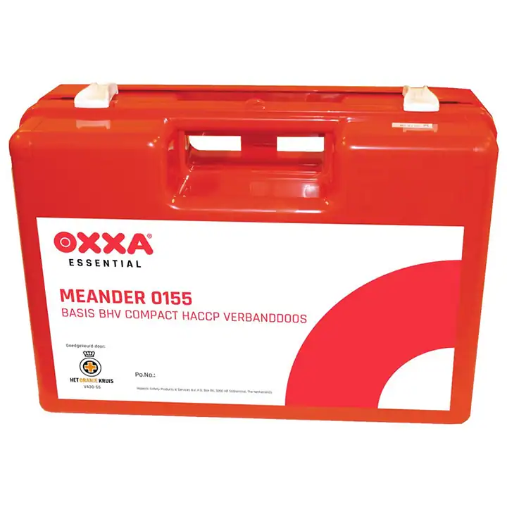OXXA Meander 0155 BHV HACCP verbanddoos met wandhouder – witte koffer met rood label, 32×22×12,5 cm.