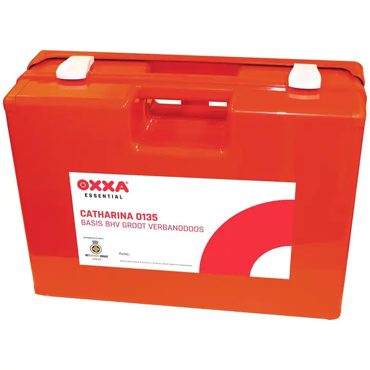 OXXA Catharina 0135 BHV grote verbanddoos met wandhouder – goedgekeurd door Het Oranje Kruis (VA30-55), witte koffer met rood label, 44×34×15 cm.