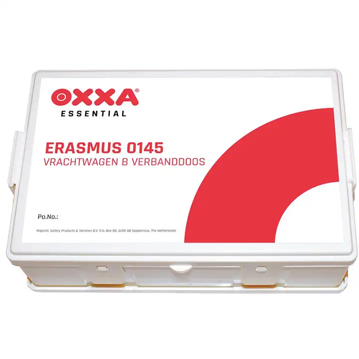 EHBO verbanddoos met wandhouder – witte koffer, rood label, 26 × 17 × 8 cm, stoom-gesteriliseerde eenmalige inhoud.