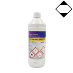 Plastic fles met 1 liter 30% zoutzuur oplossing en veiligheidsinformatie op het etiket.