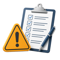 Illustratieve checklist met pen en waarschuwingssymbool voor verdachte transacties met chemicaliën.